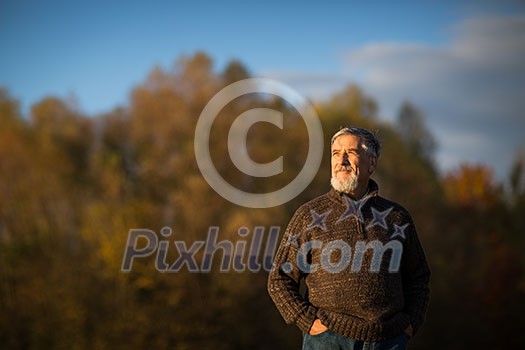 Portrait of a senior man outdoors, walking in a park (shallow DOF; color toned image) Portrait of a senior man outdoors, walking in a park (shallow DOF; color toned image)