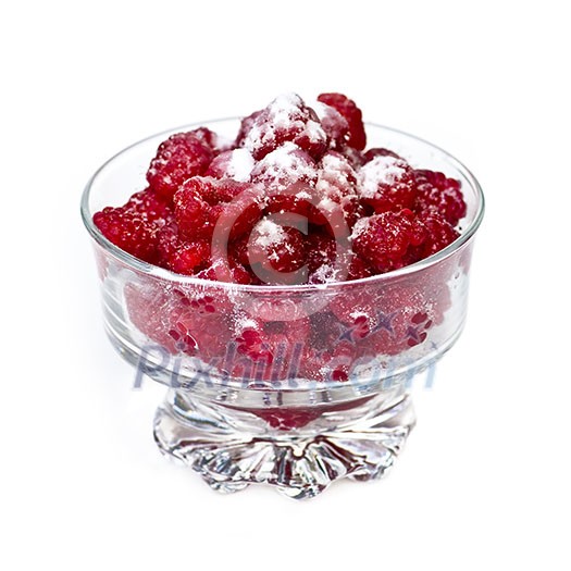 Fresh red raspberries in glass bowl isolated on white Fresh red raspberries in glass bowl isolated on white