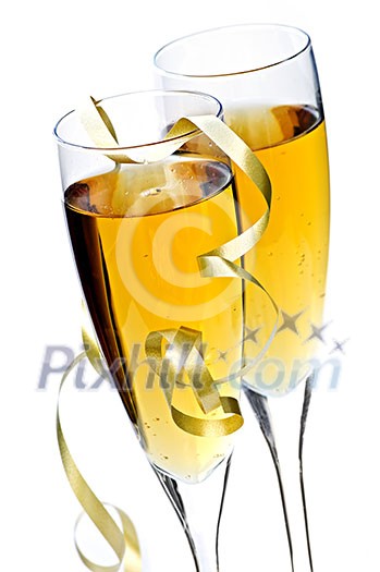 Two full champagne flutes with sparkling wine and ribbon isolated Two full champagne flutes with sparkling wine and ribbon isolated