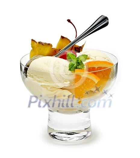 Dish of ice cream and fruit isolated on white background Dish of ice cream and fruit isolated on white background