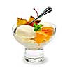 Dish of ice cream and fruit isolated on white background