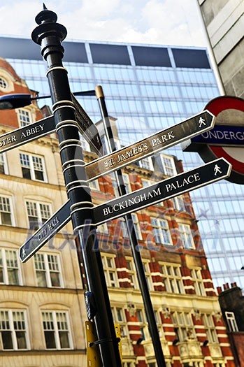 Signpost in Westminster London showing various attractions