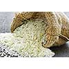 Raw long grain white rice grains in burlap bag