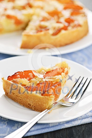 Slice of fresh baked apricot and almond pie dessert Slice of fresh baked apricot and almond pie dessert