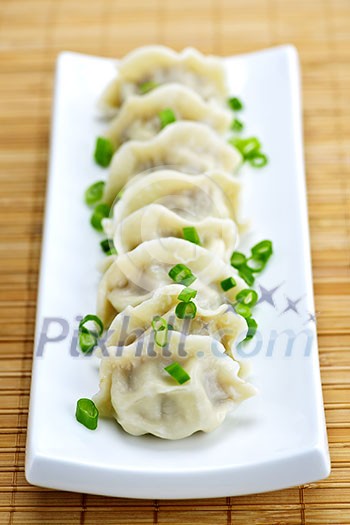 Plate of cooked chinese dumplings in a row Plate of cooked chinese dumplings in a row