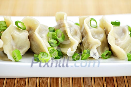 Plate of cooked chinese dumplings in a row Plate of cooked chinese dumplings in a row
