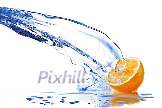 fresh water drops on orange isolated on white fresh water drops on orange isolated on white