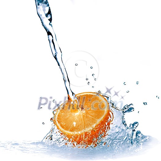 fresh water drops on orange isolated on white