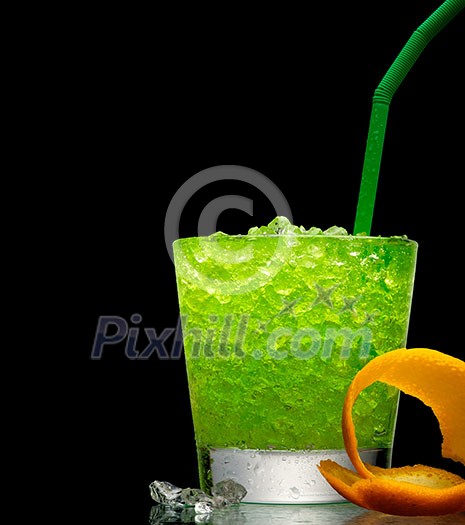Alcohol cocktail drink on the table. Green fresh drink cocktails with ice. Alcohol cocktail drink on the table. Green fresh drink cocktails with ice.