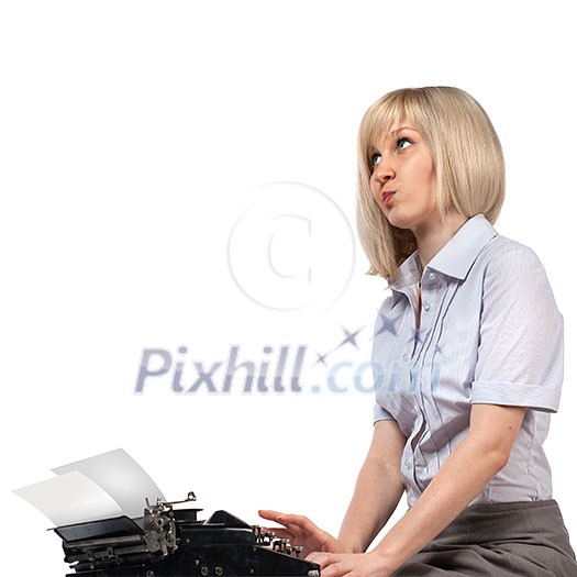 Business woman with vintage typing machine on white Business woman with vintage typing machine on white