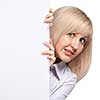 embarrassed young woman holding white empty paper isolated on white