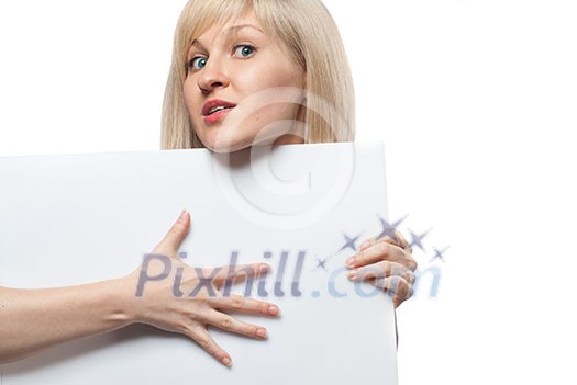Attractive woman holding white empty paper isolated on white Attractive woman holding white empty paper isolated on white