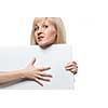 Attractive woman holding white empty paper isolated on white