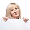 Smiling woman holding white empty paper