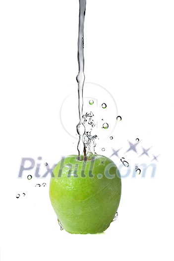 fresh water splash on green apple isolated on white fresh water splash on green apple isolated on white