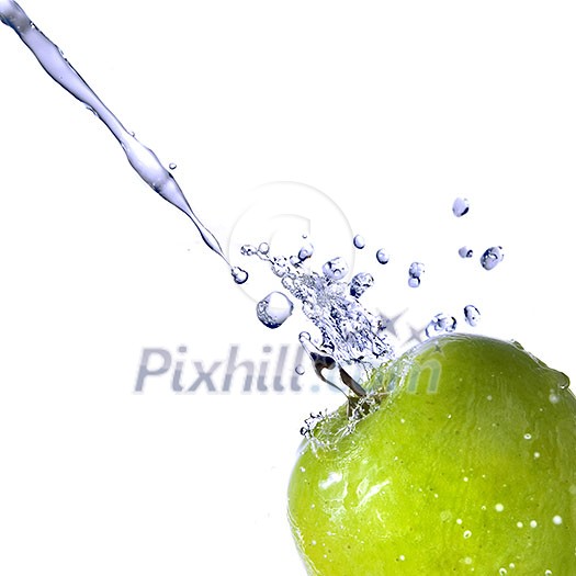 fresh water splash on green apple isolated on white fresh water splash on green apple isolated on white