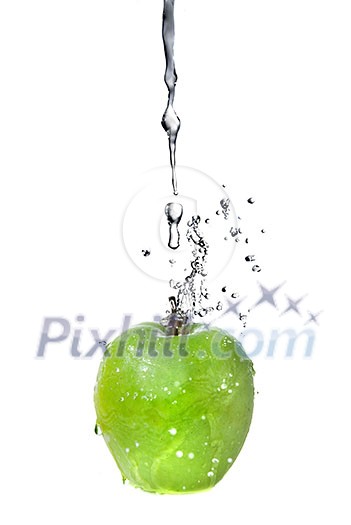 fresh water splash on green apple isolated on white fresh water splash on green apple isolated on white