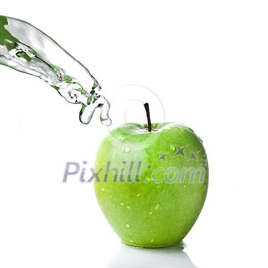 fresh water splash on green apple isolated on white fresh water splash on green apple isolated on white