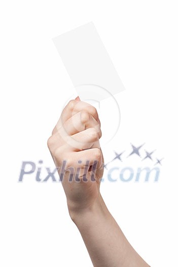 Woman hand holding empty visiting card isolated on white Woman hand holding empty visiting card isolated on white