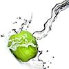 fresh water splash on green apple isolated on white