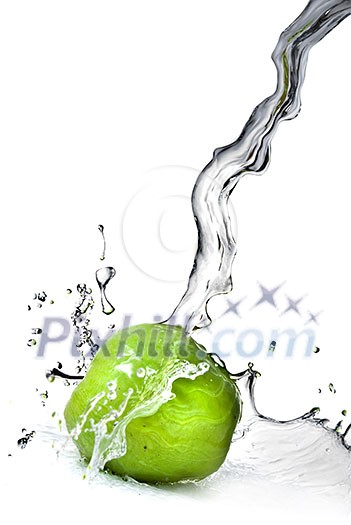 fresh water splash on green apple isolated on white fresh water splash on green apple isolated on white