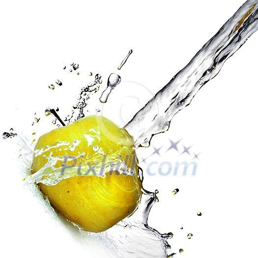 fresh water splash on yellow apple isolated on white fresh water splash on yellow apple isolated on white