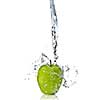 fresh water splash on green apple isolated on white
