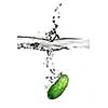 green cucumber dropped into water isolated on white