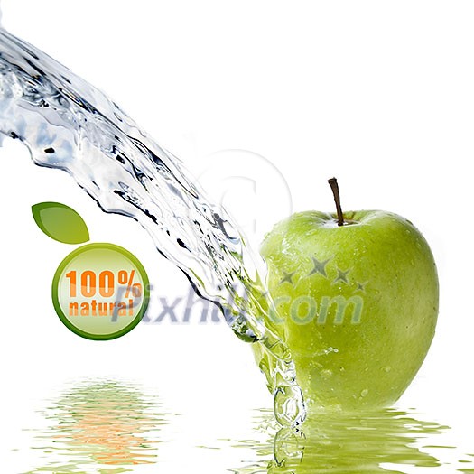 fresh water splash on green apple isolated on white fresh water splash on green apple isolated on white