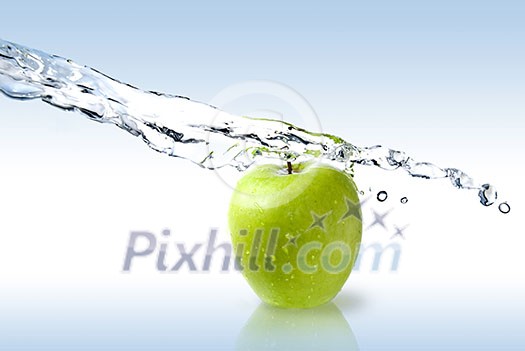 fresh water splash on green apple isolated on white fresh water splash on green apple isolated on white