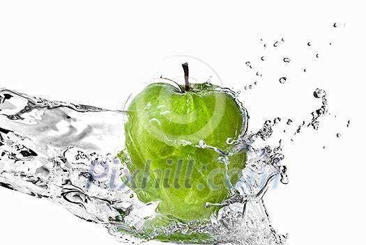 fresh water splash on green apple isolated on white fresh water splash on green apple isolated on white