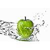 fresh water splash on green apple isolated on white