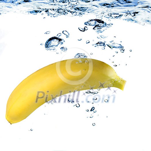 banana dropped into water isolated on white banana dropped into water isolated on white