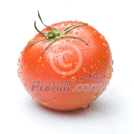 red tomato with water drops isolated on white