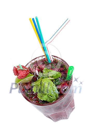 Energy mohito with mint, lime and raspberry isolated on white Energy mohito with mint, lime and raspberry isolated on white