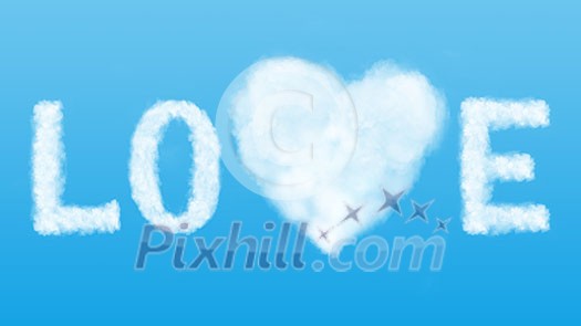 Love in the air concept. Word love and symbol of the heart made of white clouds in the blue sky Love in the air concept. Word love and symbol of the heart made of white clouds in the blue sky