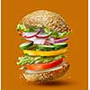 Burger preparation ingredients falling into place isolated on orange