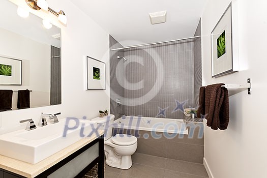 Interior three piece bathroom - artwork on walls are from photographer portfolio Interior three piece bathroom - artwork on walls are from photographer portfolio