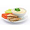 Healthy snack of hummus dip with pita bread slices and vegetables
