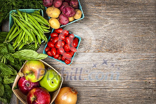 Fresh farmers market fruit and vegetable from above with copy space