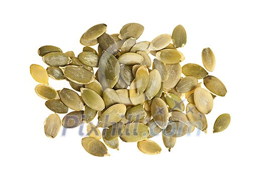 Heap of raw pumpkin seeds isolated on white background Heap of raw pumpkin seeds isolated on white background