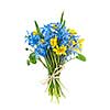 Tied bouquet of blue and yellow spring flowers isolated on white background