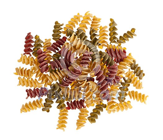 Uncooked multicolored kamut pasta isolated on white background Uncooked multicolored kamut pasta isolated on white background
