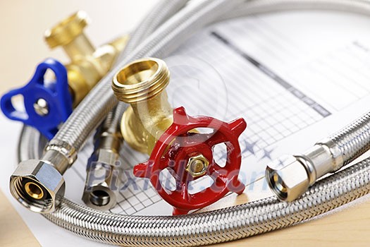 Plumbing valves hoses and assorted parts with estimate sheet Plumbing valves hoses and assorted parts with estimate sheet