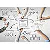 Top view of people hands drawing business teamwork strategy
