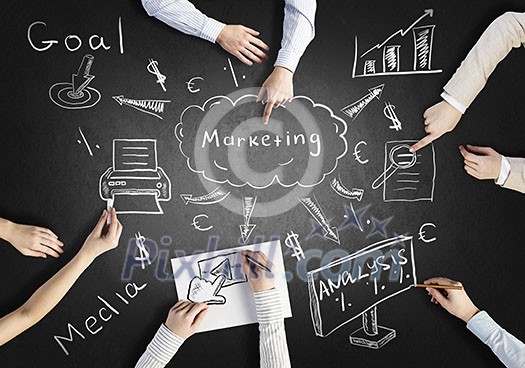 Top view of people hands drawing business teamwork strategy Top view of people hands drawing business teamwork strategy