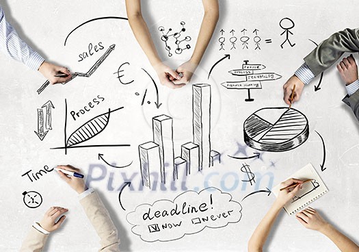 Top view of people hands drawing business teamwork strategy Top view of people hands drawing business teamwork strategy