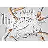 Top view of people hands drawing business teamwork strategy