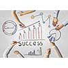 Top view of people hands drawing business teamwork strategy
