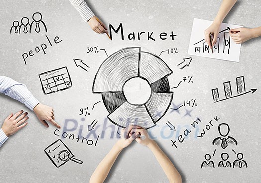 Top view of people hands drawing business teamwork strategy Top view of people hands drawing business teamwork strategy